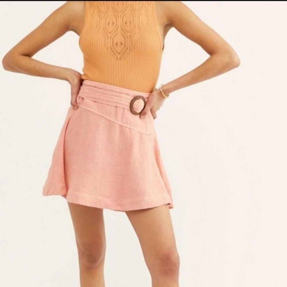 FREE People 0 Pink Higher Ground Linen Blend Flare Mini Skirt